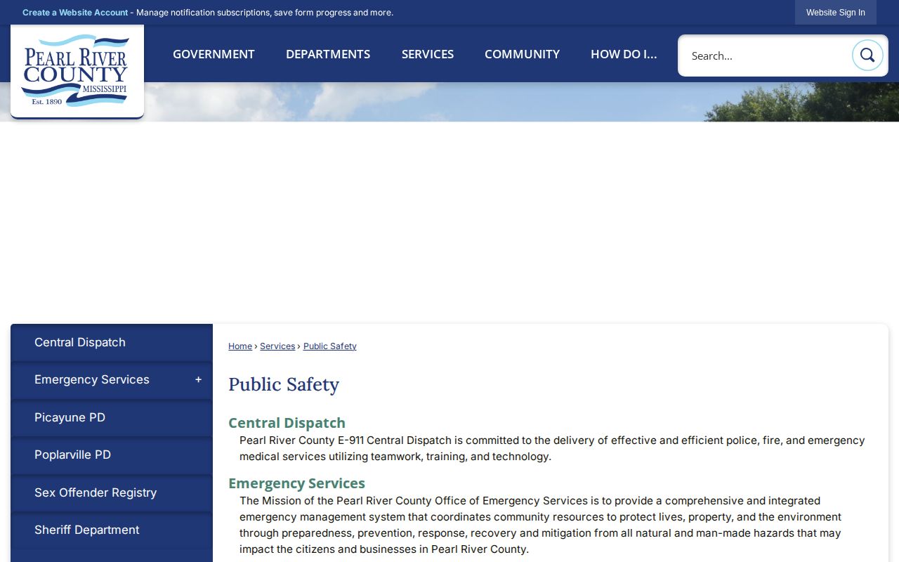 Pearl River County public-safety directory for city arrest and booking routes