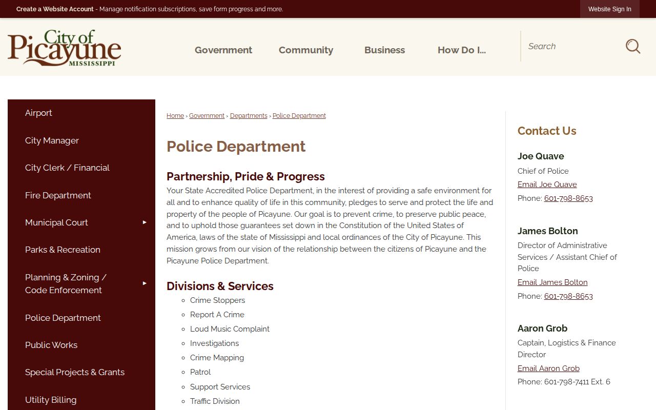 Picayune Police Department official records entry point for Pearl River County arrest records